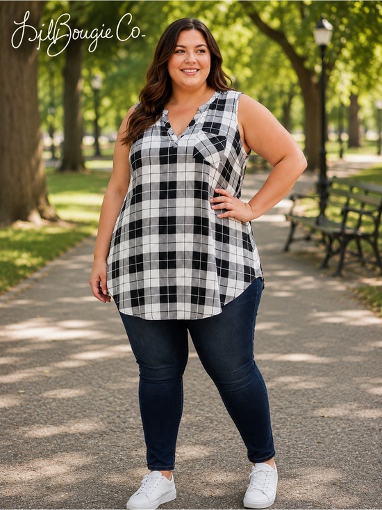 torrid Tops - Torrid Black and White Plaid Sleeveless Flowy Tunic Blouse | Size 2X (18/20)